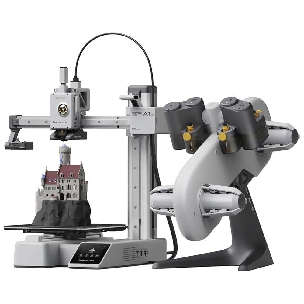 742542 Impresora 3D Bambu Lab PF002-M+SA005 A1 Mini Combo AMS Lite Multi Color 500mm/s / Bivolt - Gris / Blanco - Imagen 1